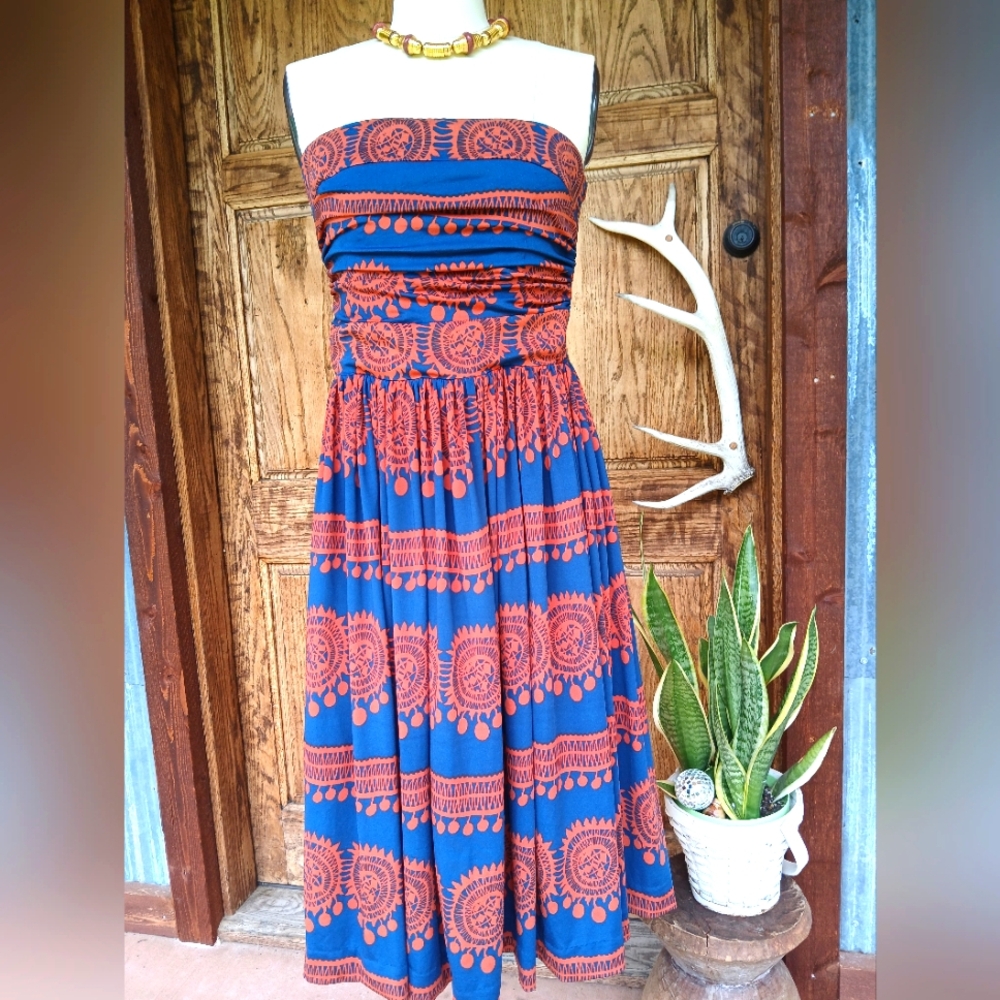 Anthropologie Strapless Dress Blue Oxidized Medallion GIRLS FROM SAVOY